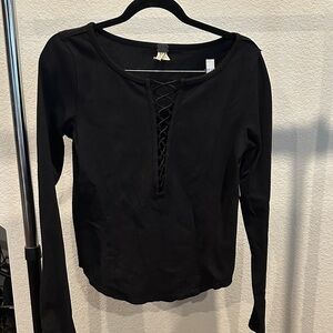 FP Movement by Free People Black Lace Detail Long Sleeve Top